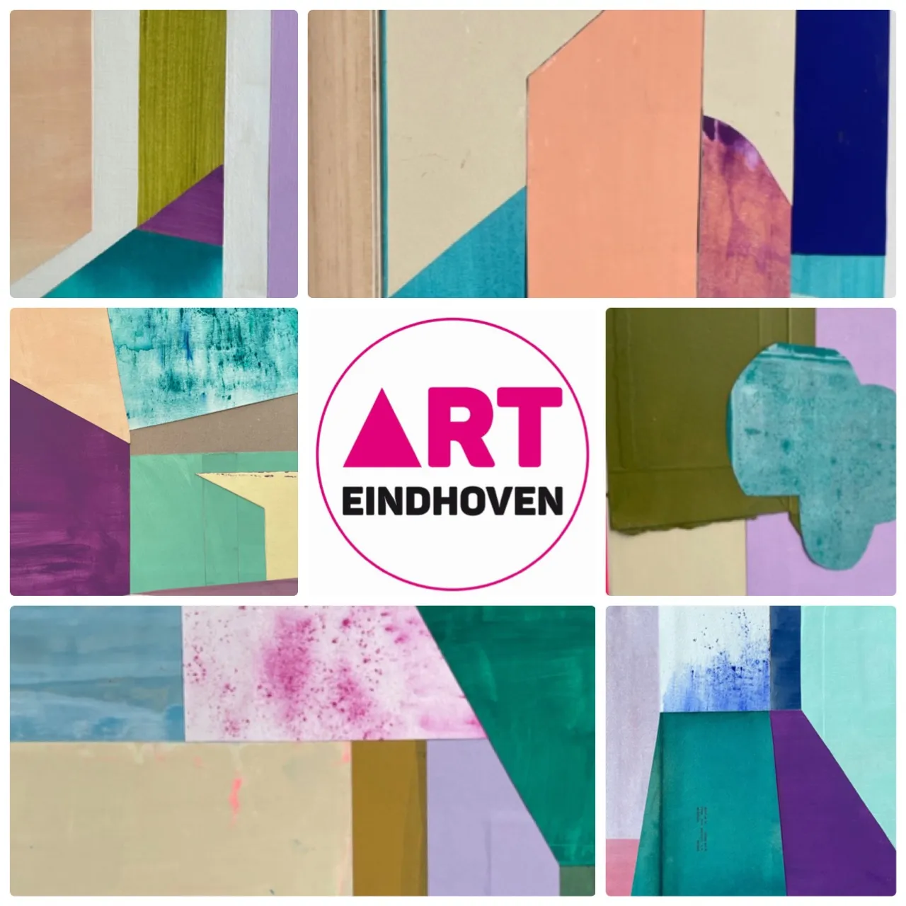A collage of six crops from abstract works in pastel and saturated fields of colour, arranged around the Art Eindhoven logo.