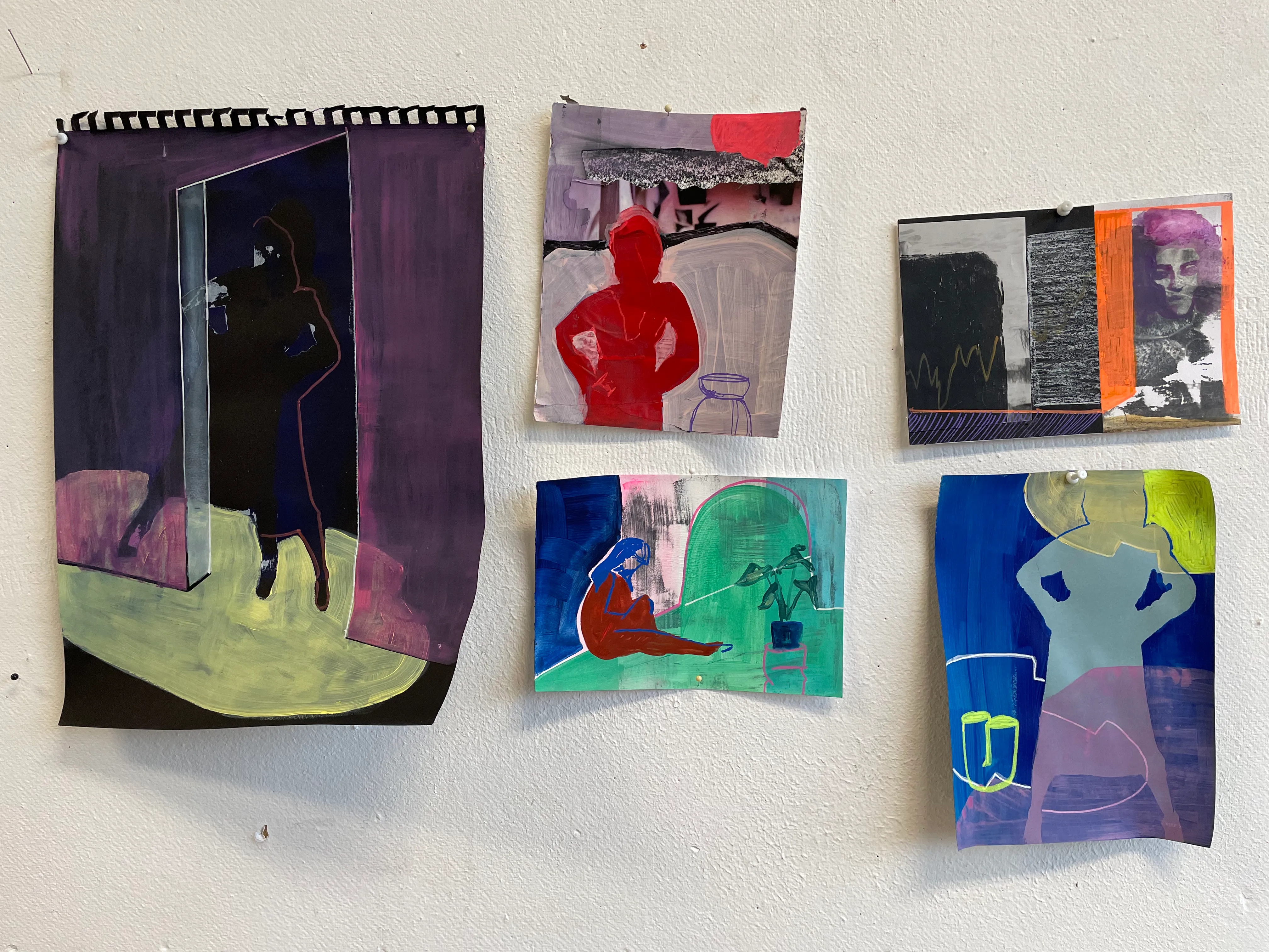 Five studies on paper pinned to a white wall, each showing the silhouette of a figure in an interior.