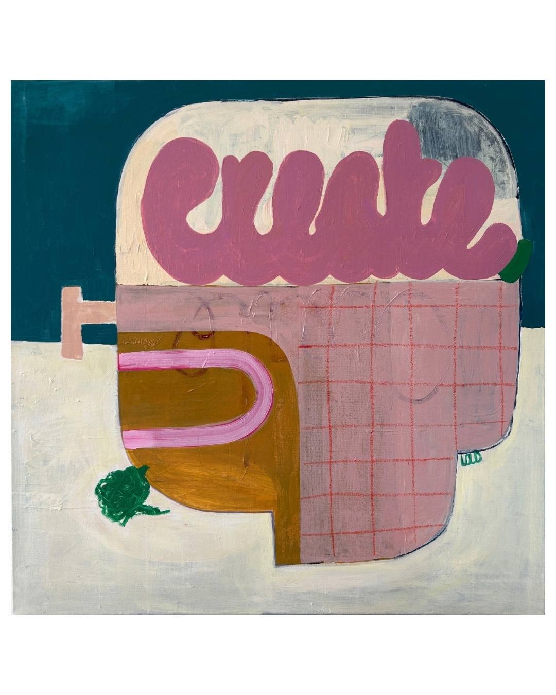 Painting: the word "create" in pink letters over a pink grid, on a dark teal and white ground