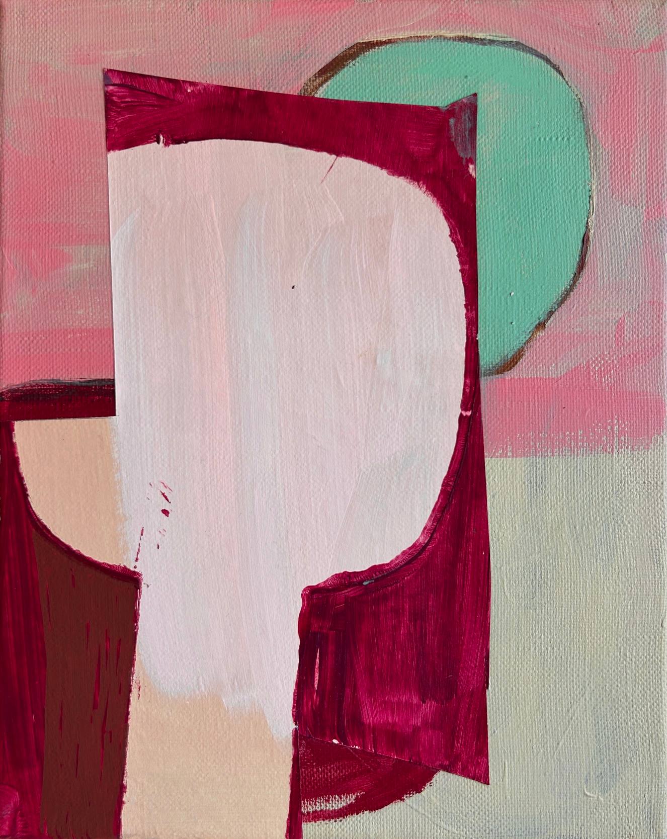 Painting: a white rounded shape framed in crimson, against pink with a mint green circle