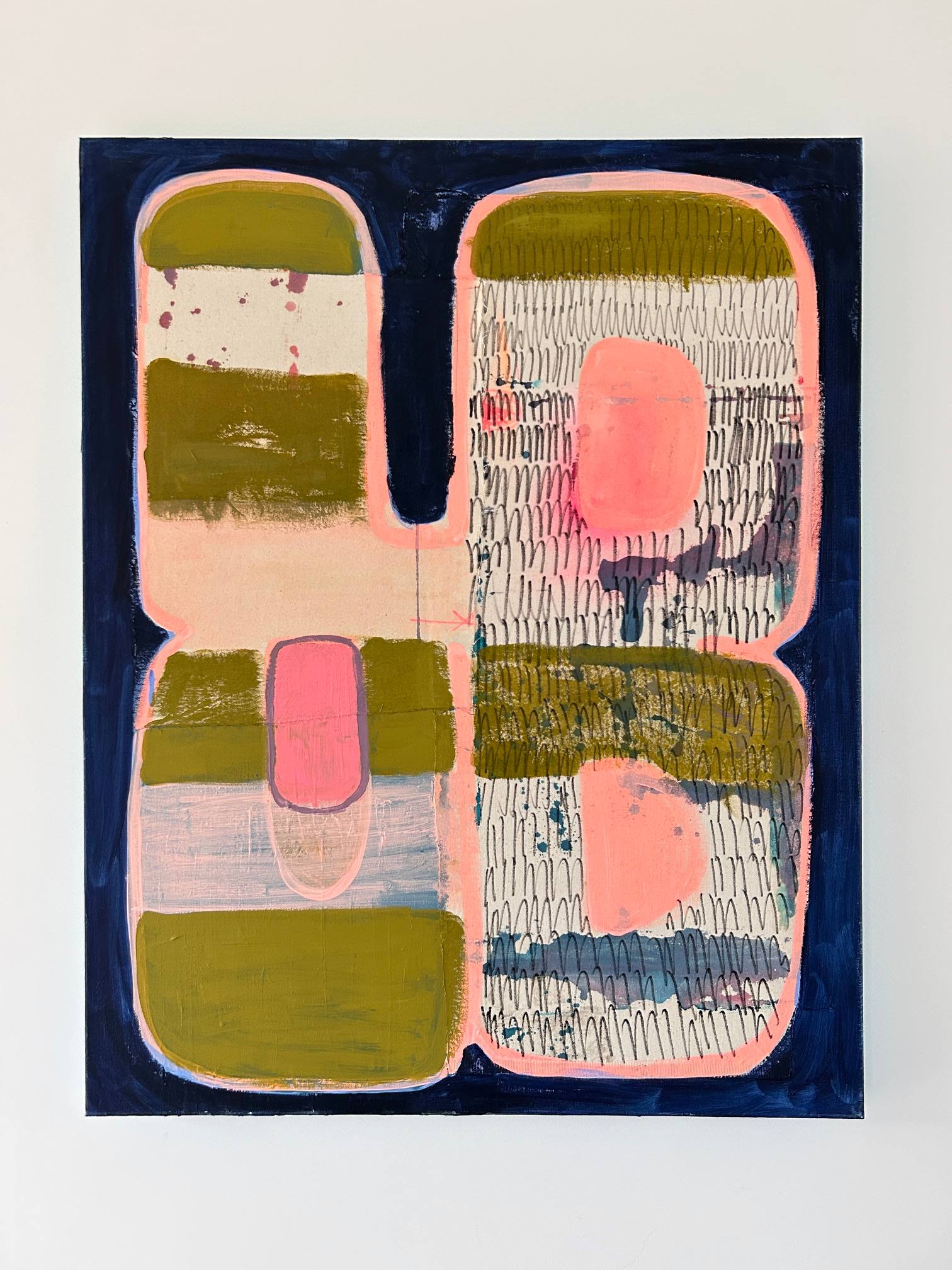 Painting: two rounded columns in olive, pink and white stripes, on dark navy