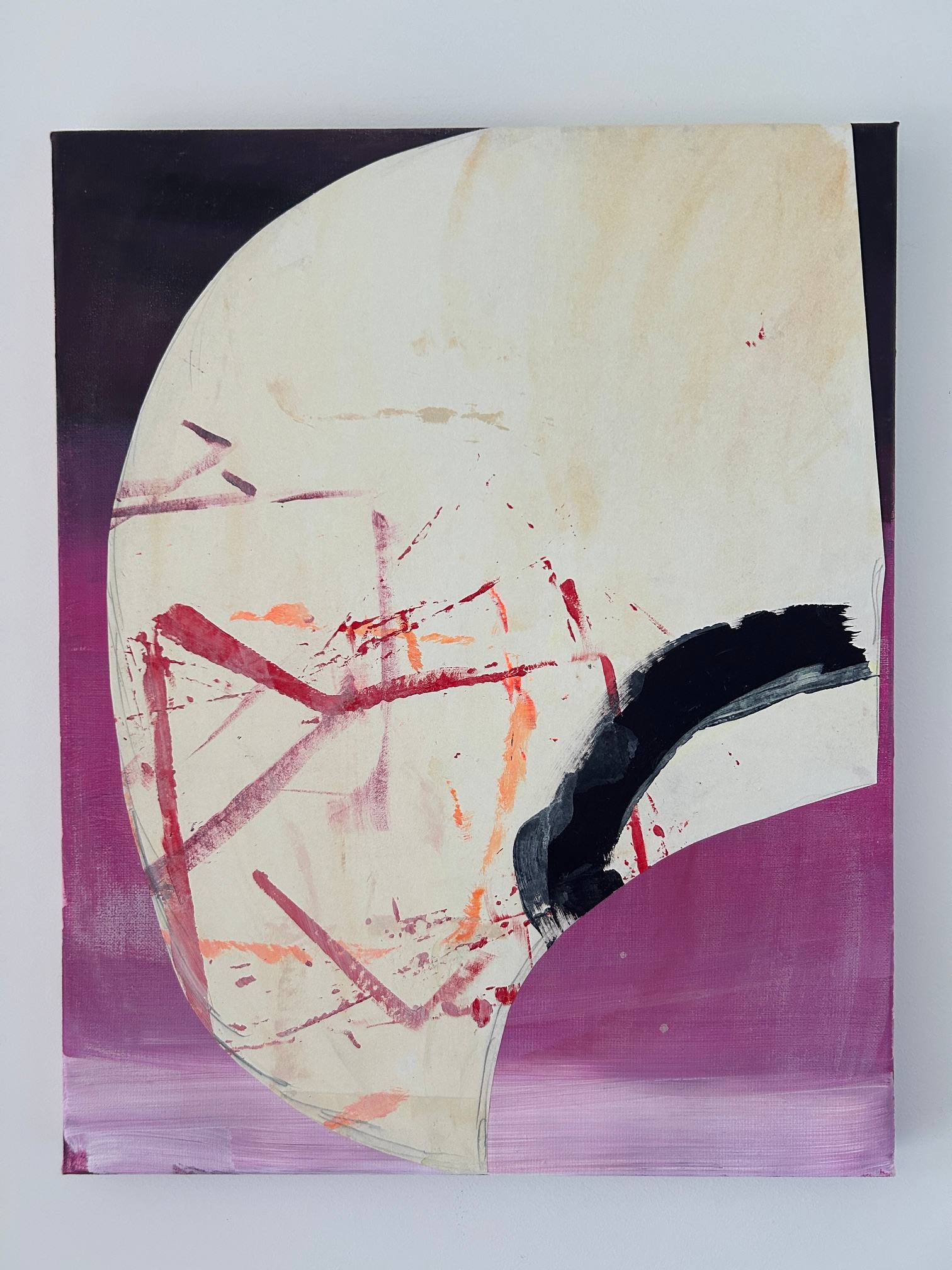 Painting: a cream curved form with red and black marks, over a violet gradient